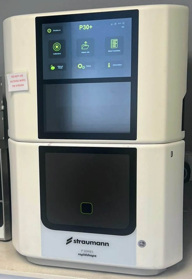Straumann P30+ 3D printer and wash-cure stations at C & H Dental Laboratory